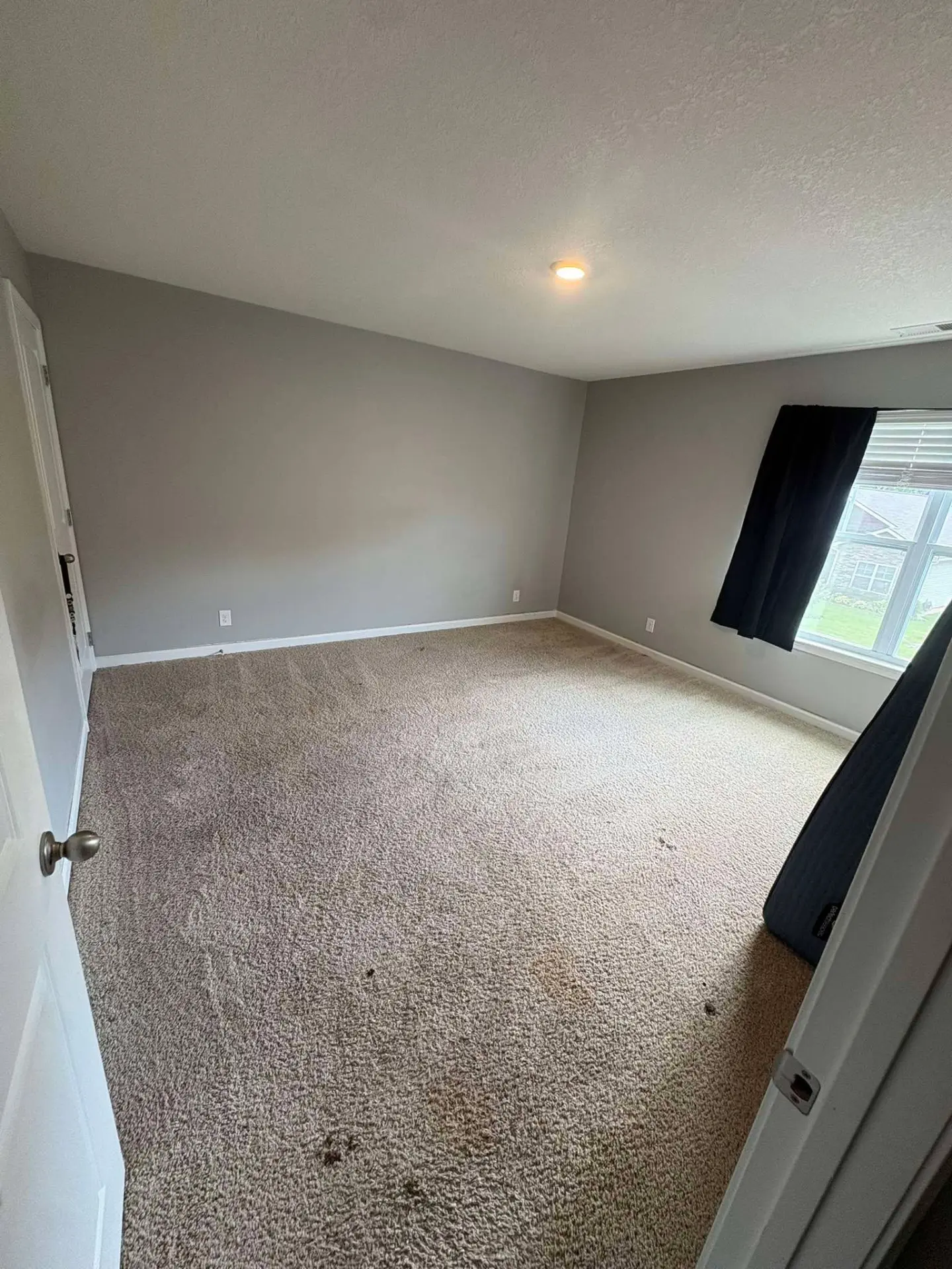 After cleaning: the same bedroom emptied out with freshly vacuumed carpet